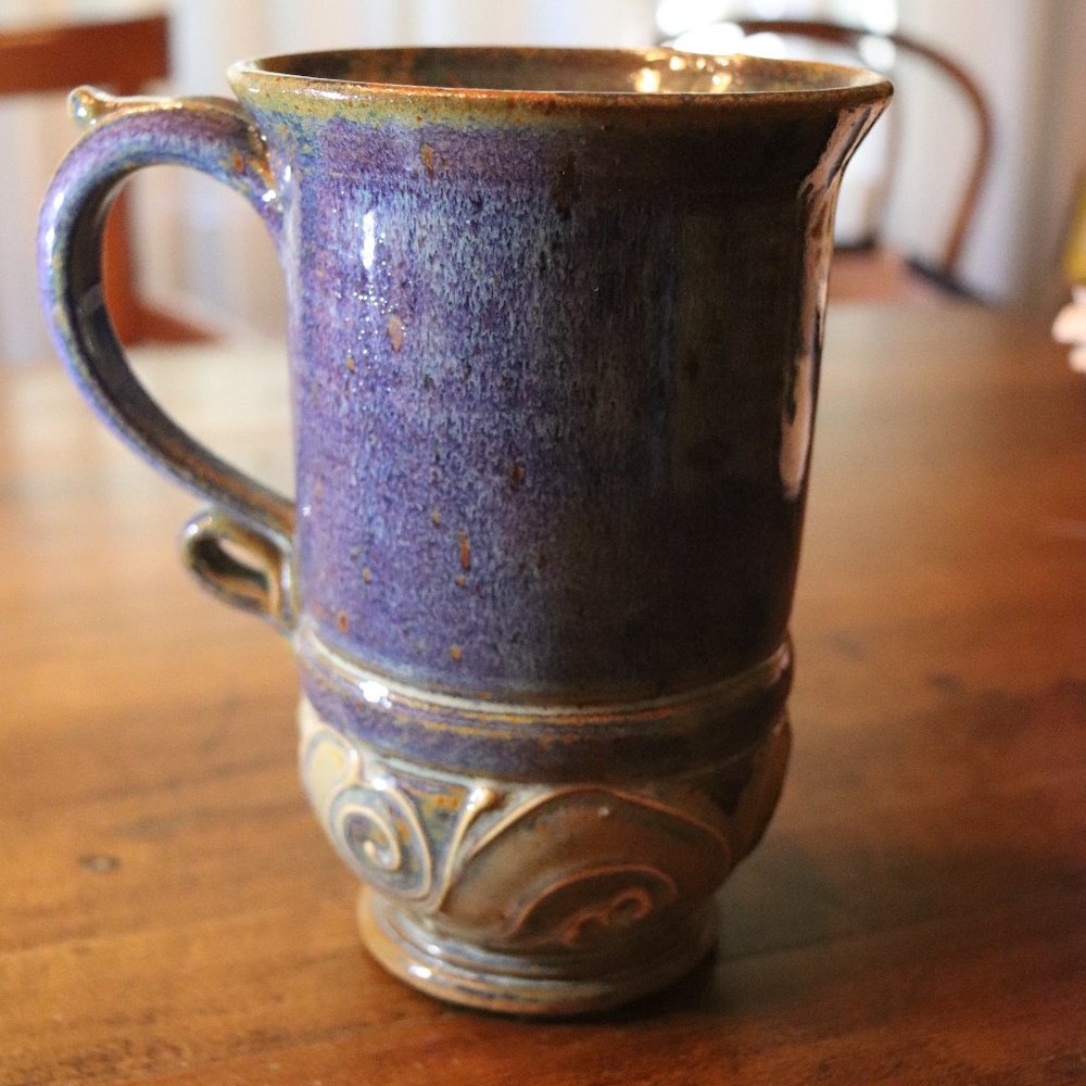 TALL BLUE GLAZED AND DECORATED JAR/CUP
